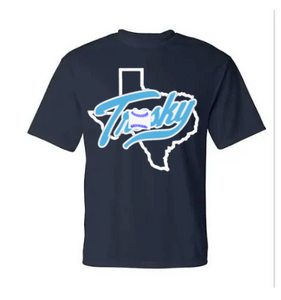 Navy cotton T-shirt with Trosky Columbia blue baseball logo