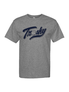 Grey T-Shirt with navy Trosky baseball logo