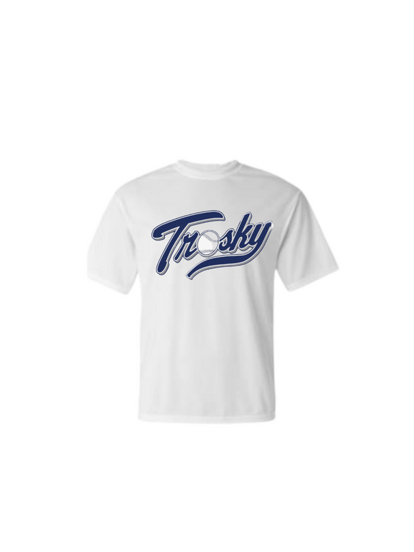 Trosky Baseball Navy baseball logo on white T-shirt