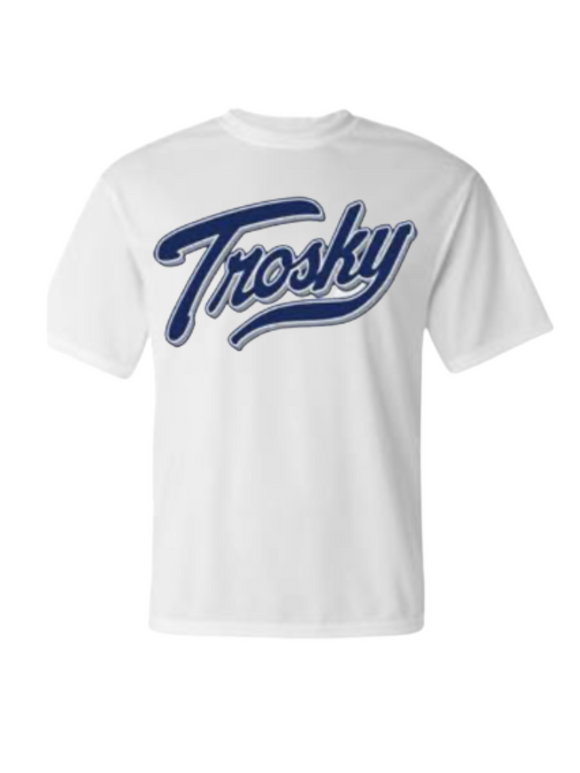 White short sleeve Dri fit shirt with navy trosky logo